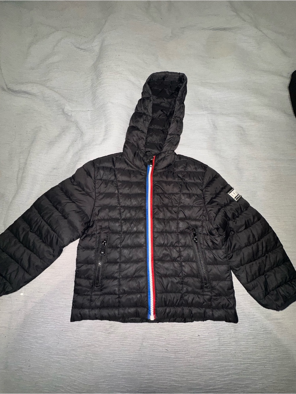 DKNY Black Quilted Hooded Puffer with Red-White-Blue Zip